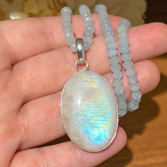 Sterling Silver 925 Rainbow Moonstone Pendant Blue Necklace Boho Southwest - Picture 3 of 11